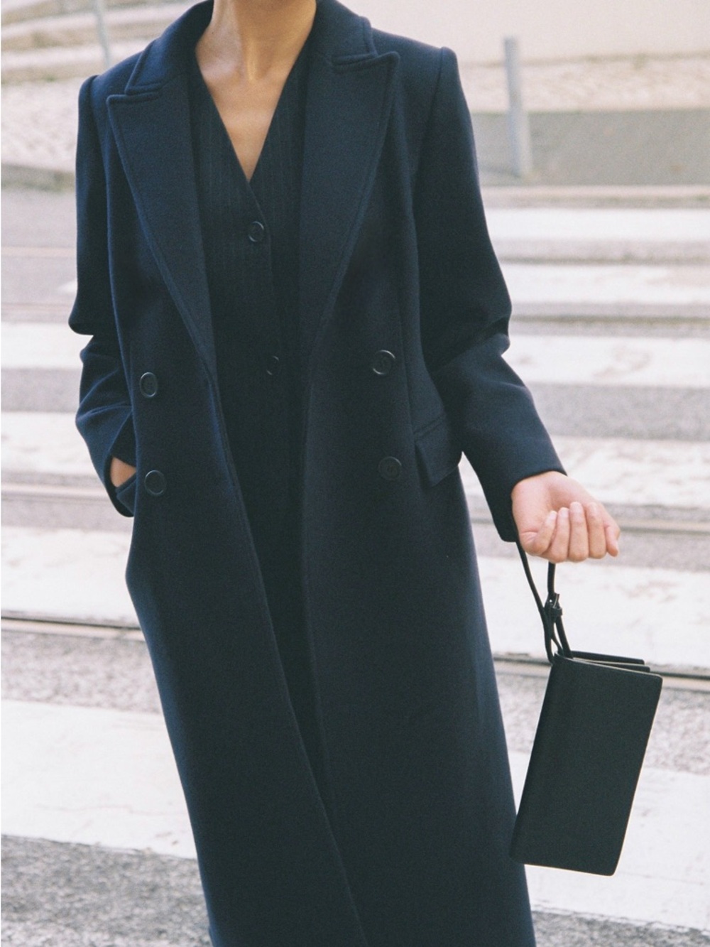 Massimo Dutti Navy Double-Breasted Wool Coat